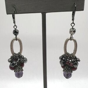Vintage Boho Pierced Earrings Silver Tone and Purple Beads